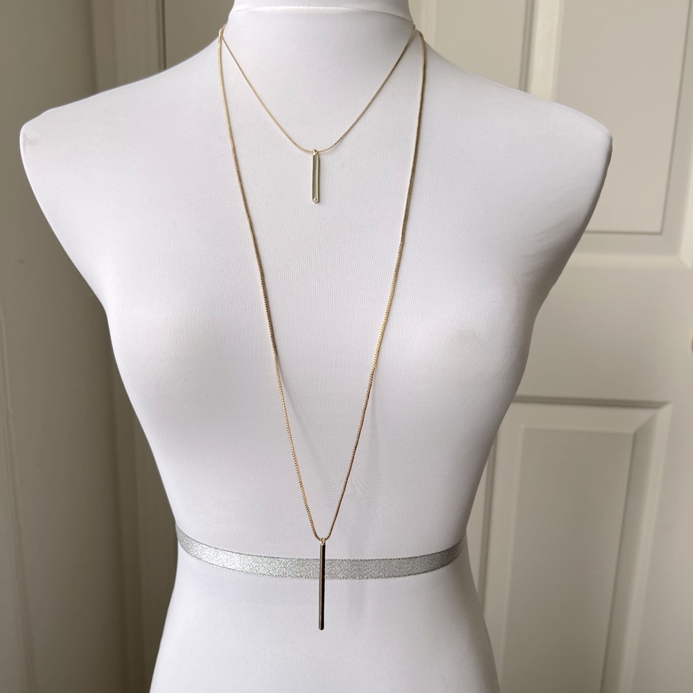 Long Gold Color Metal Layered Necklace